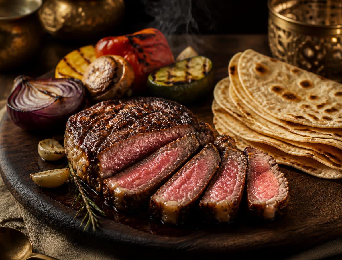 Flame-grilled steak carved to order beside golden flaky flatbread at a catered dinner in North York, Toronto