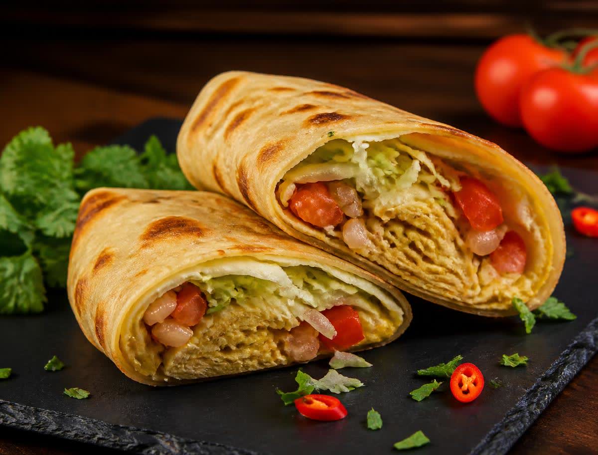 Signature flatbread wrap with egg, tomato and onion sliced on a slate plate, catered by M&N Luxe Events in Toronto
